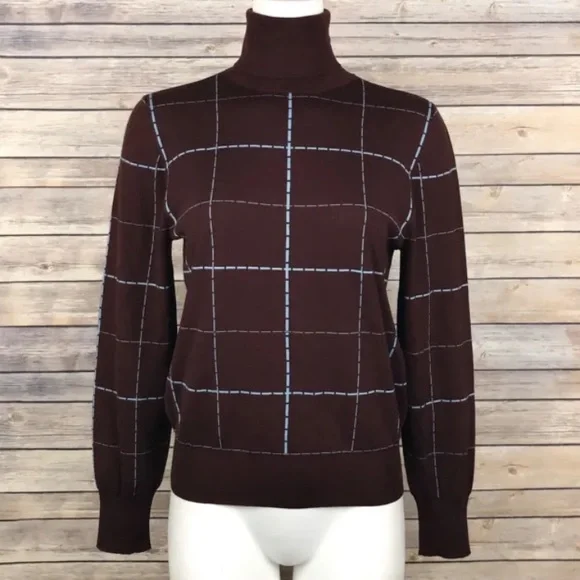 Victoria Beckham Intarsia Turtle Neck Check Plaid Lightweight Sweater Wool NWOT